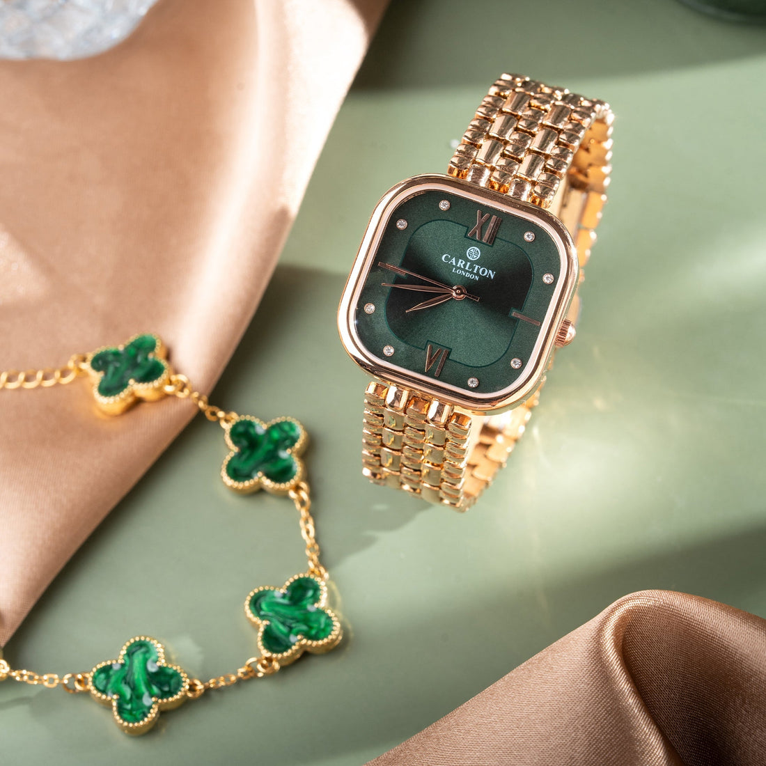 Women Gift Set Of 2: Rose Gold/Green Chelsea Watch + Bracelet CLPLG053