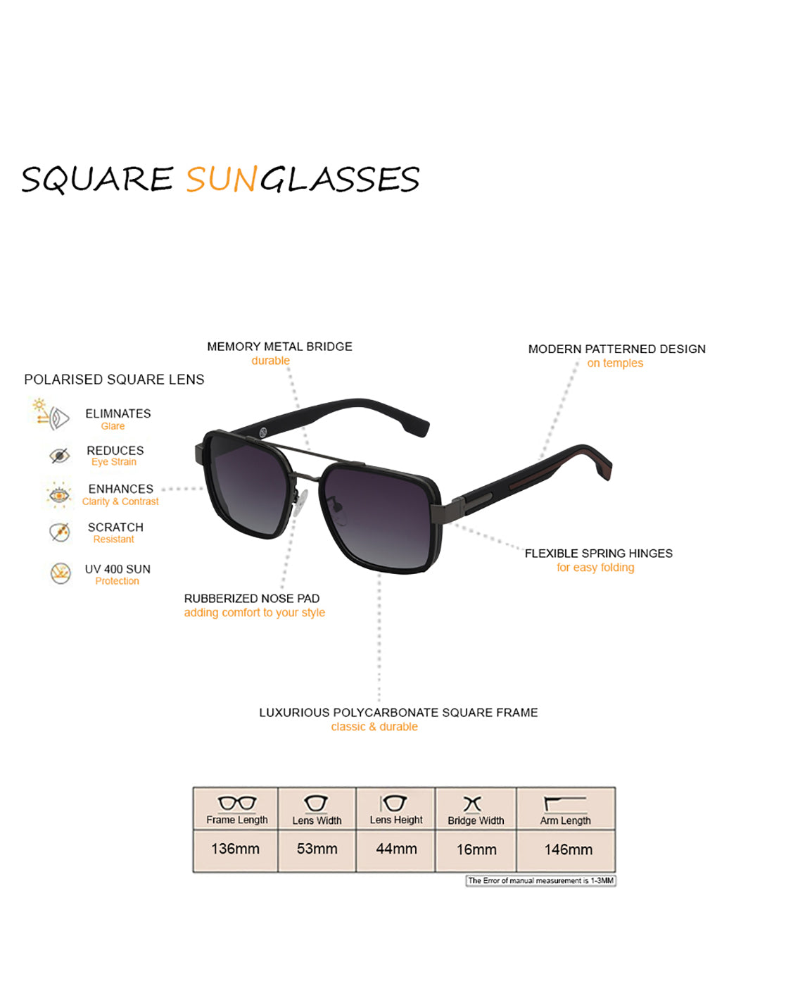 Unisex Premium Metallic & Black Toned Grey UV with Polarized Lens Square Sunglass