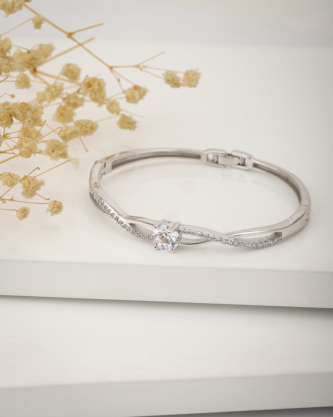 Carlton London Rhodium Plated Cz Studded Bangle Bracelet