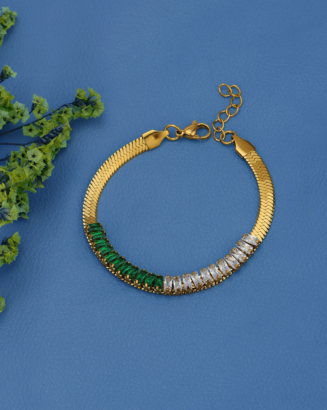 18kt Gold Plated Stainless Steel Green CZ Wraparound Bracelet