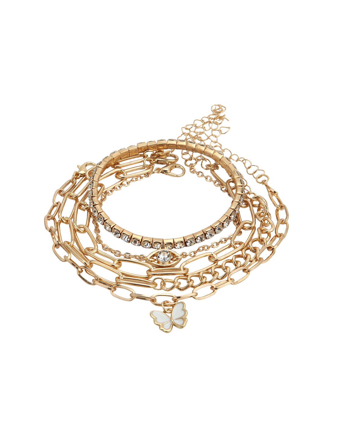 Set of 5 Rose Gold Plated CZ Butterfly and Evil Eye Enamel Charm Bracelet