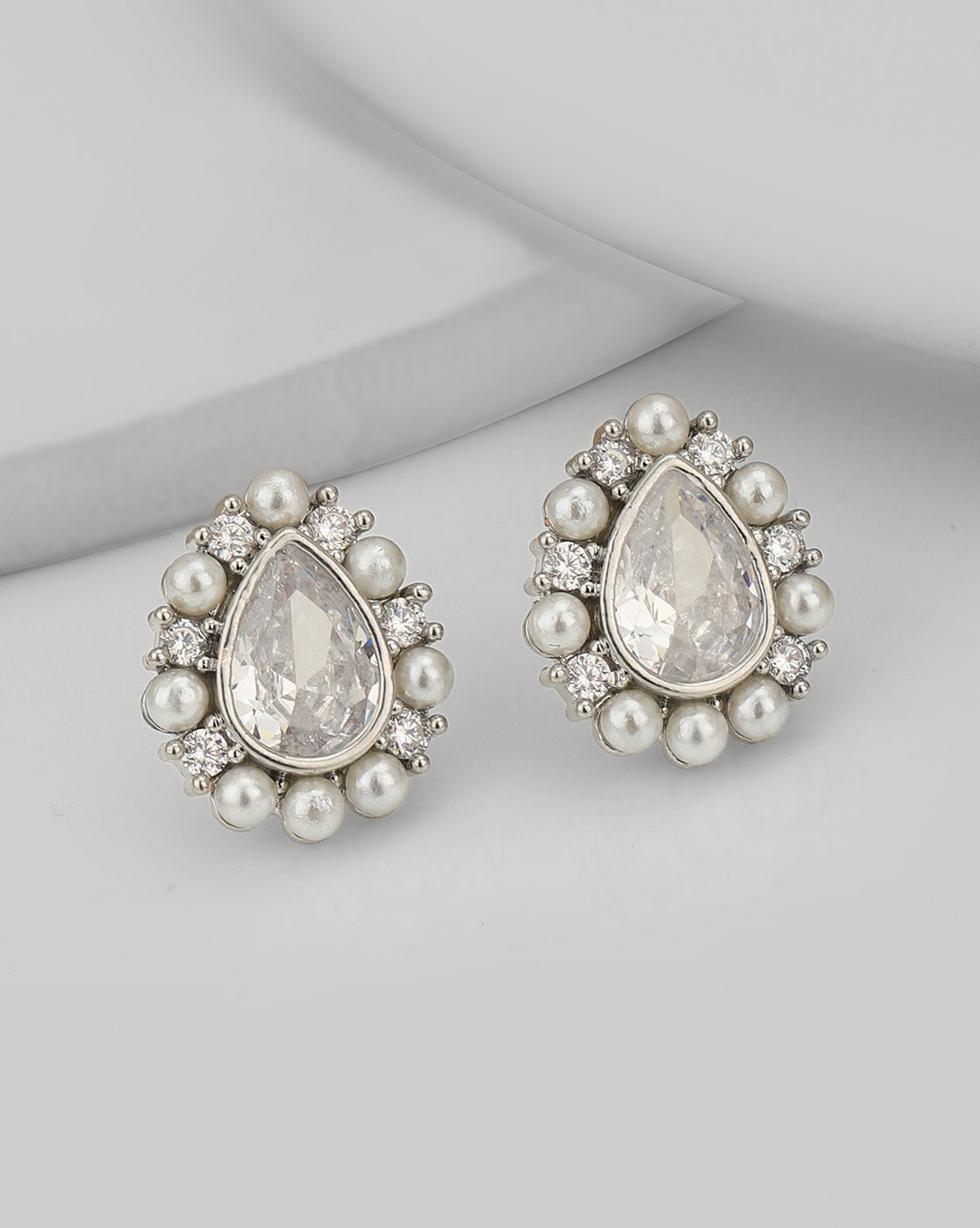 Silver Plated CZ & Pearl Tear Drop Stud Earring for women