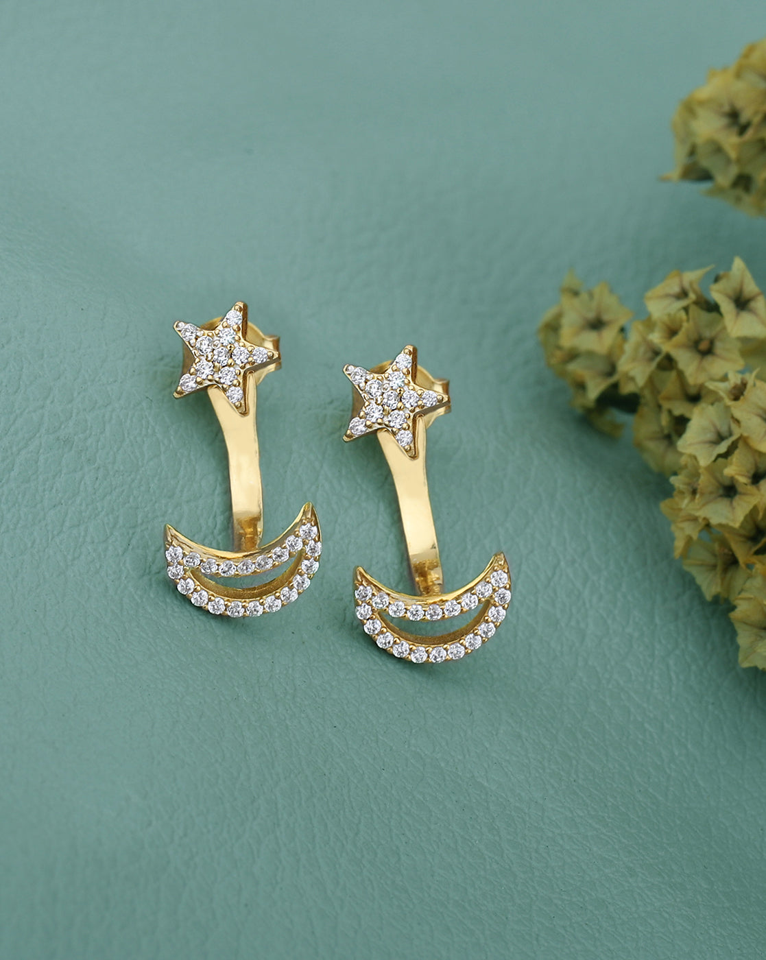 18kt Gold Plated with CZ Moon and Star Drop Earring