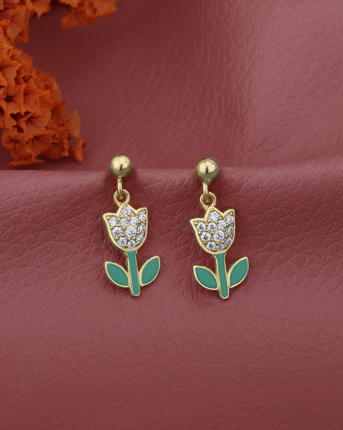 18kt Gold Plated with CZ TULIP dangling Enamel stud earring