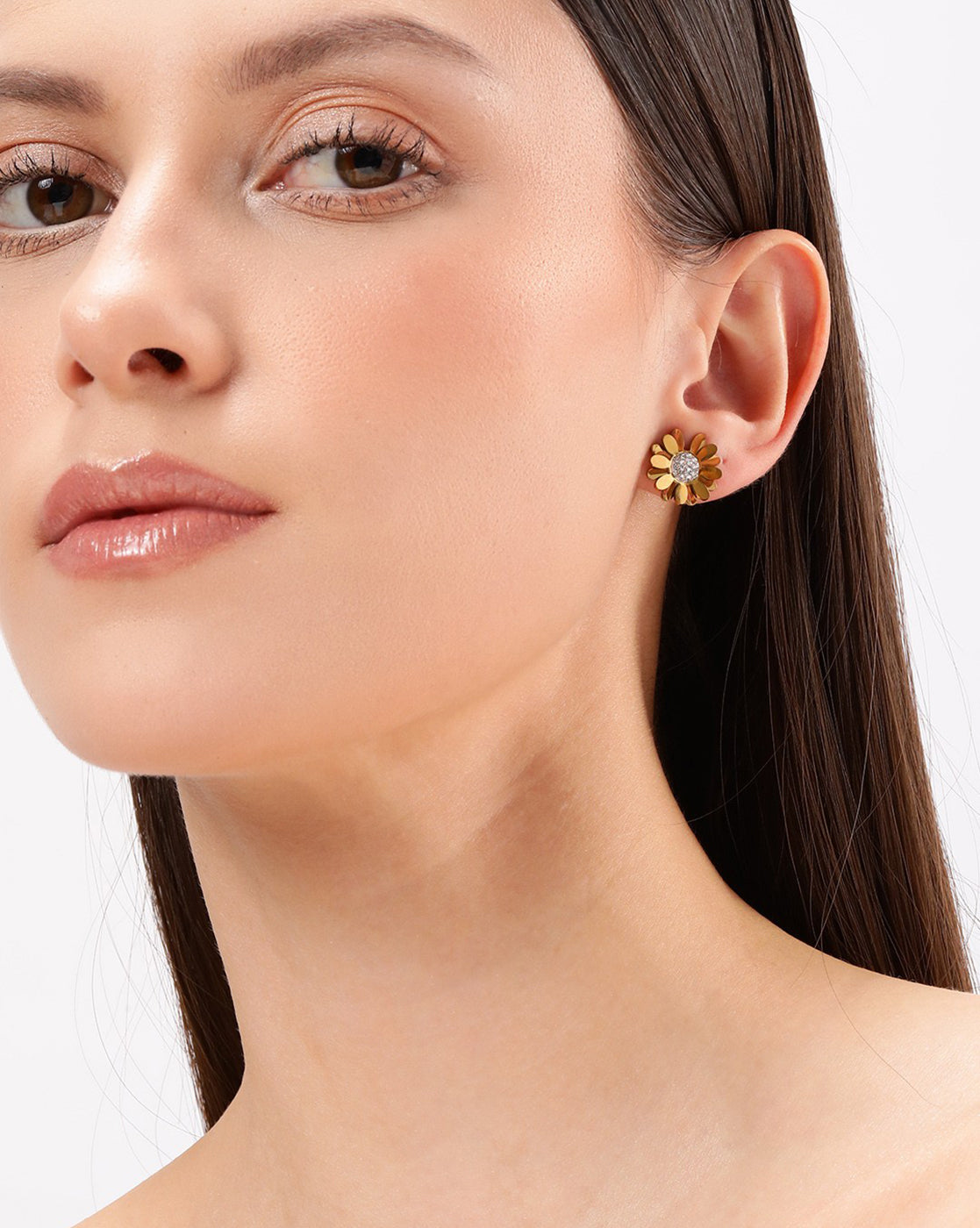 18kt Gold Plated Stainless Steel CZ Floral Stud Earring