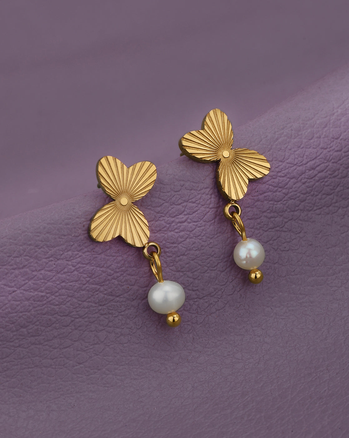 18kt Gold Plated Stainless Steel Butterfly Pearl Drop Earring