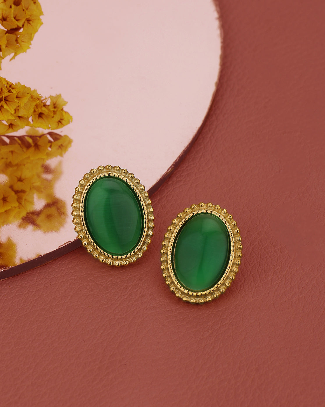 18kt Gold Plated Stainless Steel Green Emerald Stone Bold Stud Earring