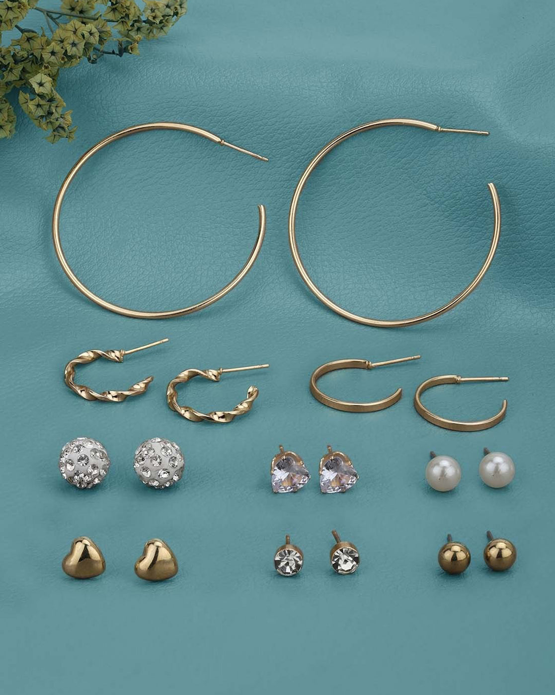 Set of 9 Two Tone CZ and Pearl Hoop & Stud Multipack Earring Set