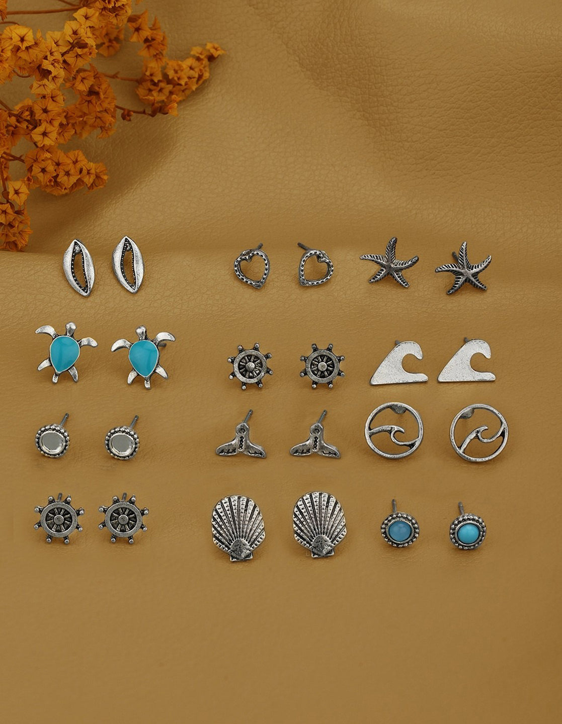 Set of 12 Silver Oxidised Beach Coastal Theme Enamel Stud Multipack Earring Set