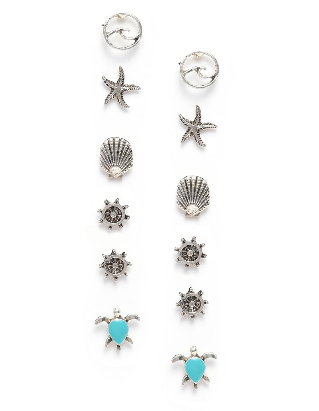 Set of 12 Silver Oxidised Beach Coastal Theme Enamel Stud Multipack Earring Set