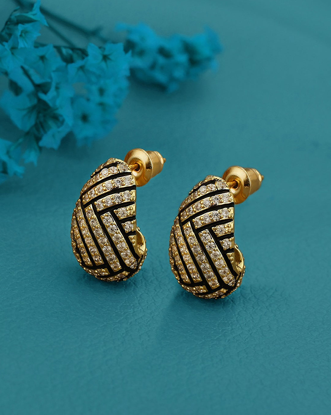 Gold Plated CZ Contemporary Half Hoop Earring