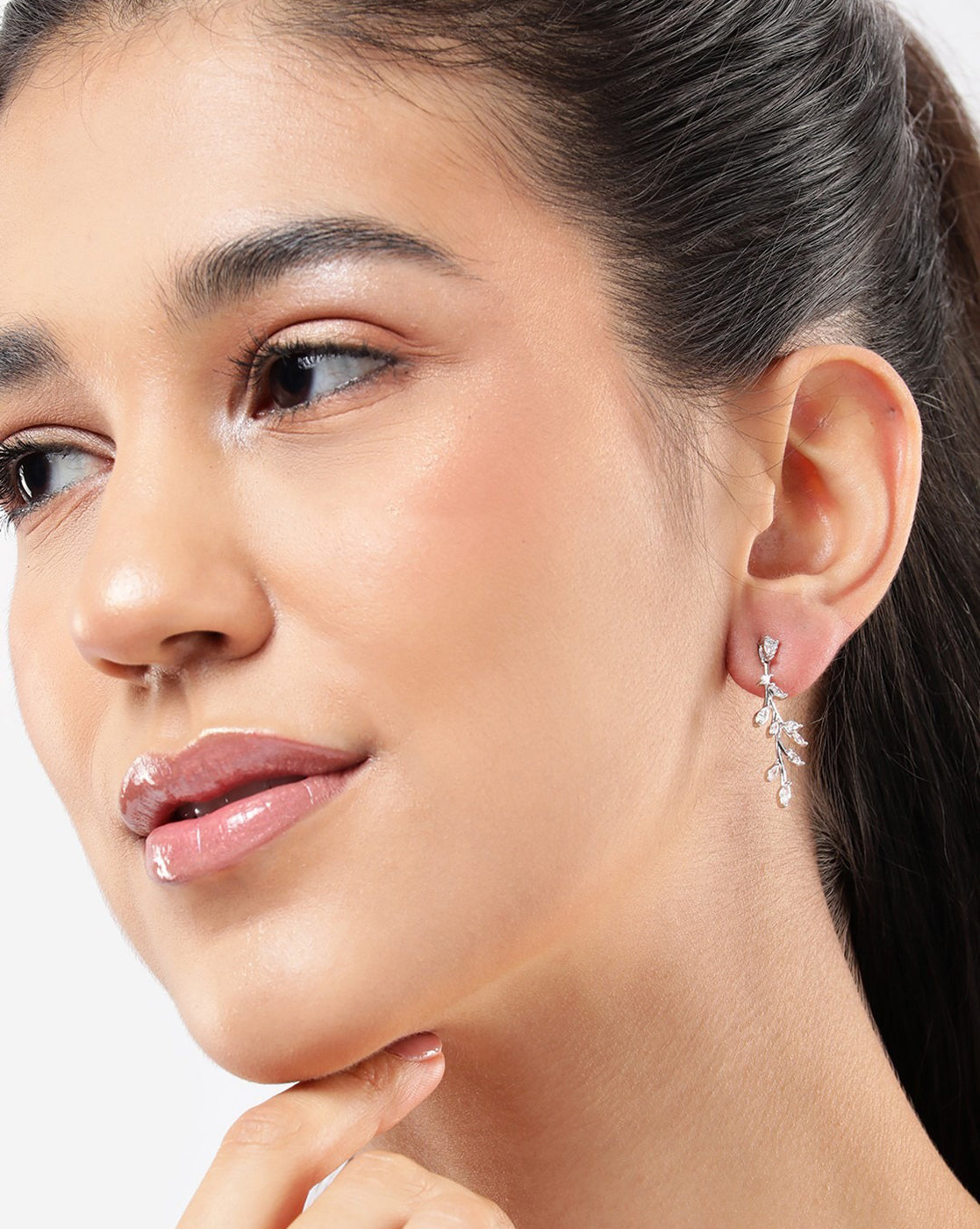 Silver Plated CZ Leaf Drop Earring
