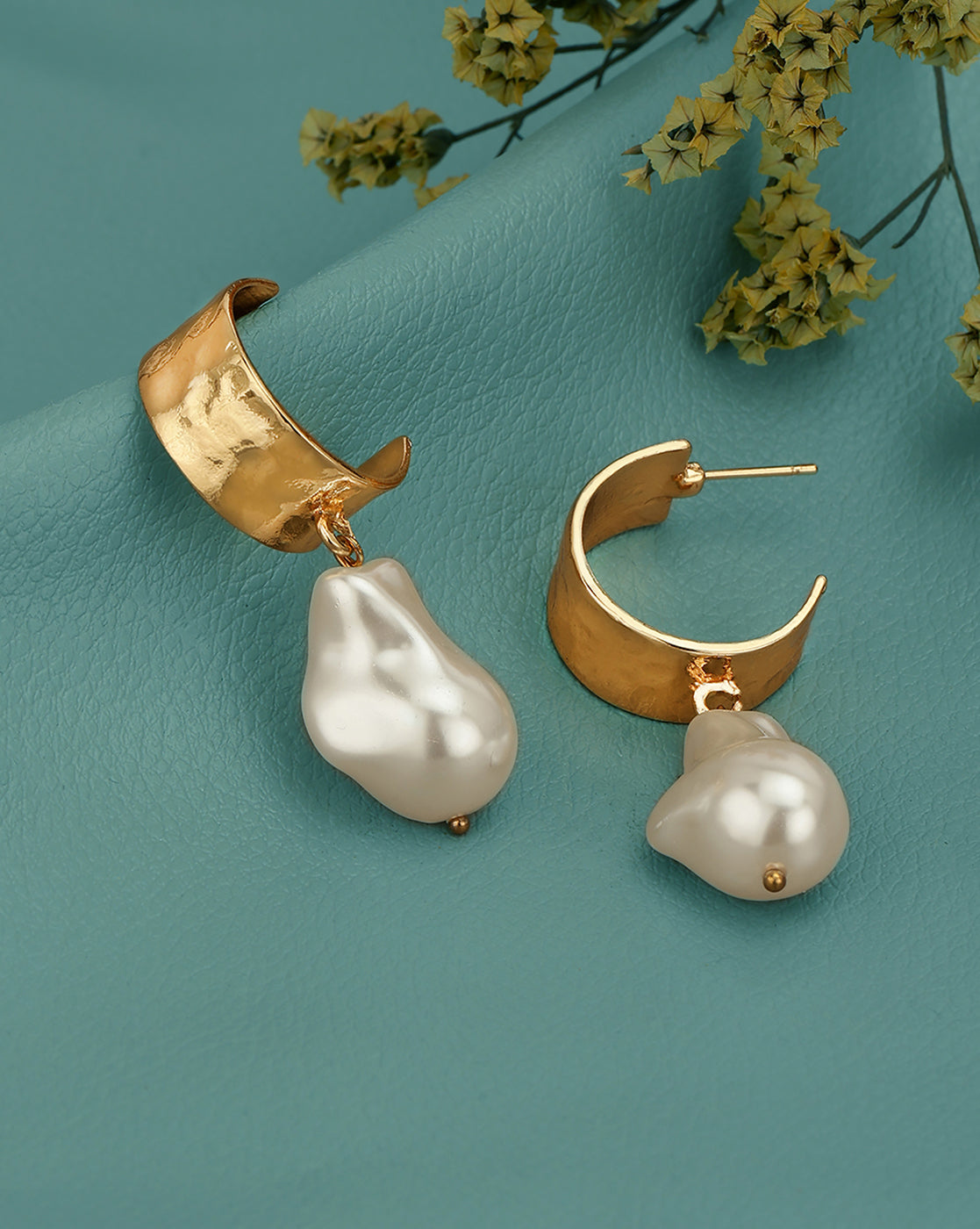 Gold Plated Dangling Pearl Crescent Drop Earring