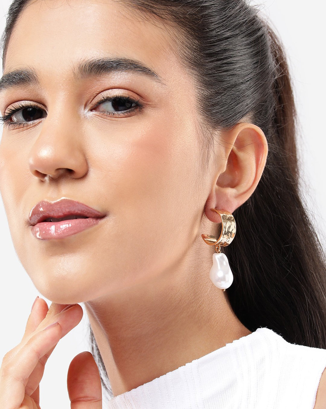 Gold Plated Dangling Pearl Crescent Drop Earring