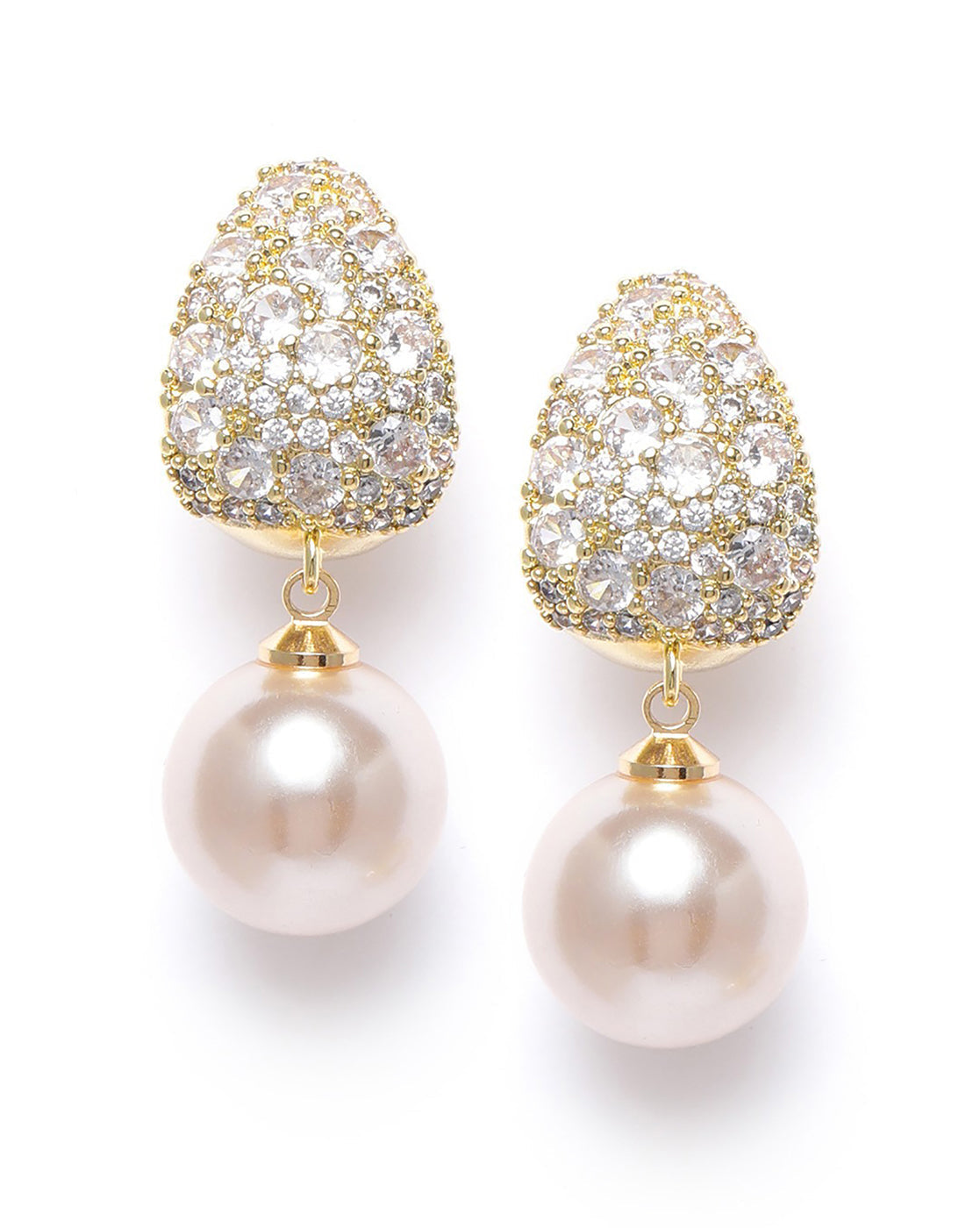 Gold Plated Dangling Pearl and CZ Contemporary Drop Earring