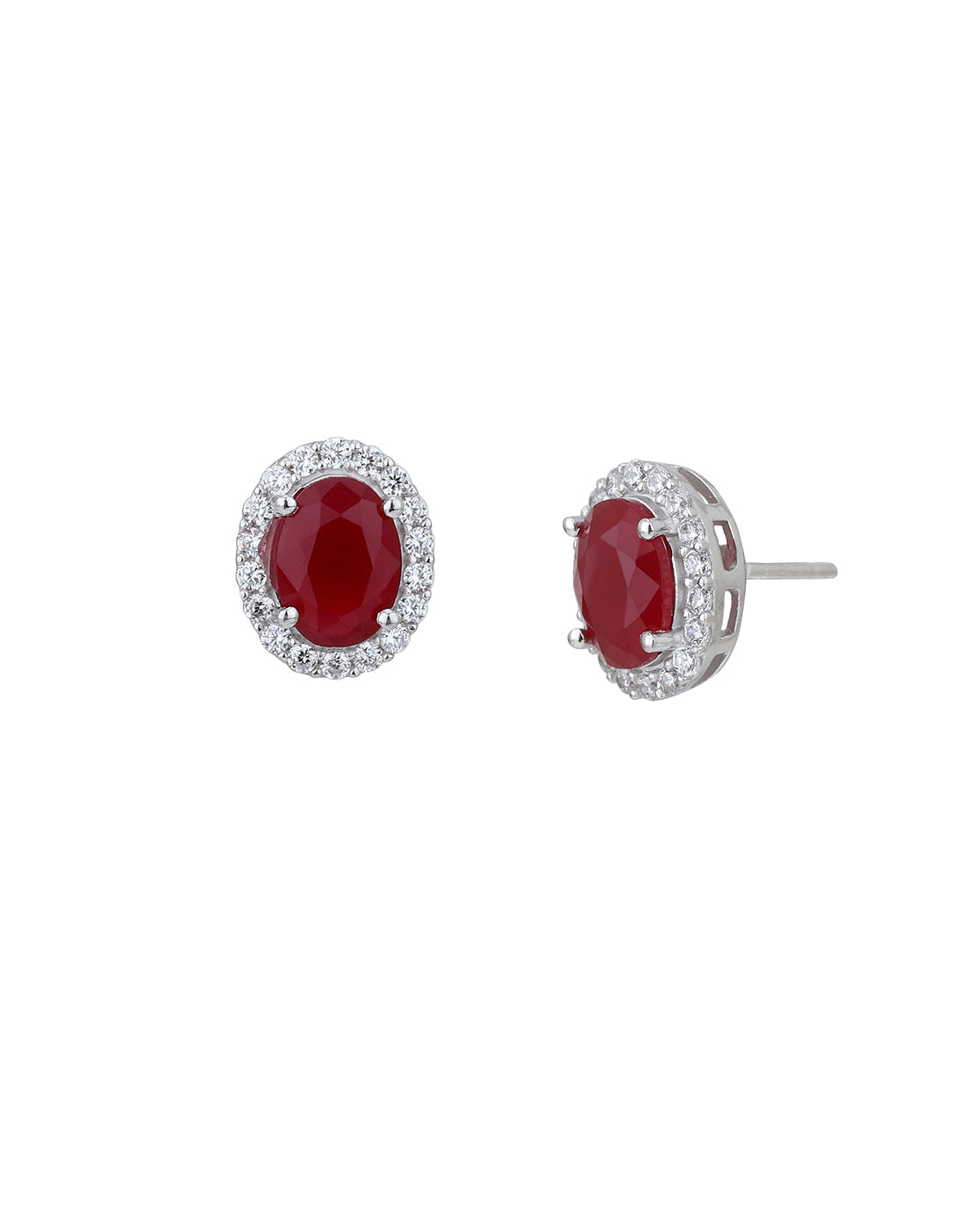 Rhodium Plated CZ Ruby Oval Stud Earring