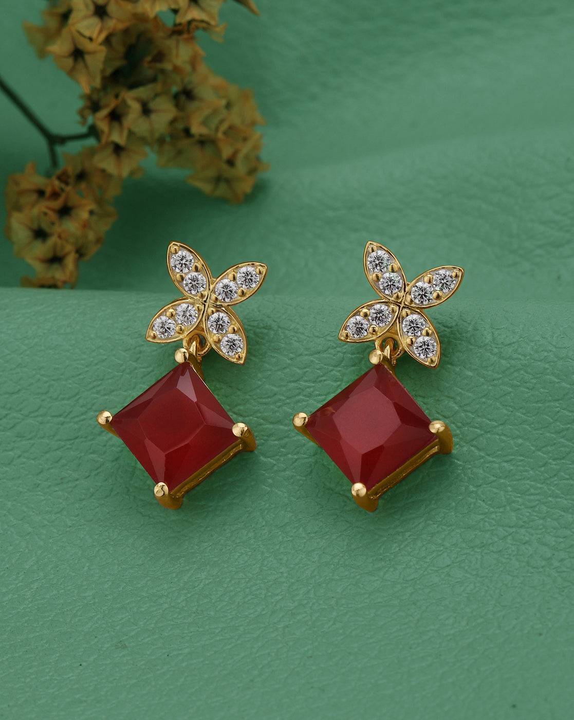 18kt Gold Plated CZ Floral Ruby Square Drop Earring
