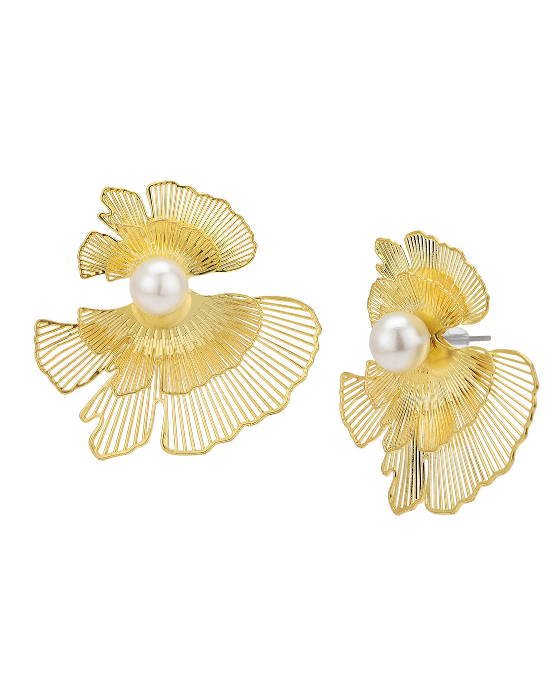 Gold Plated White Pearl Contemporary Bold Stud Earring