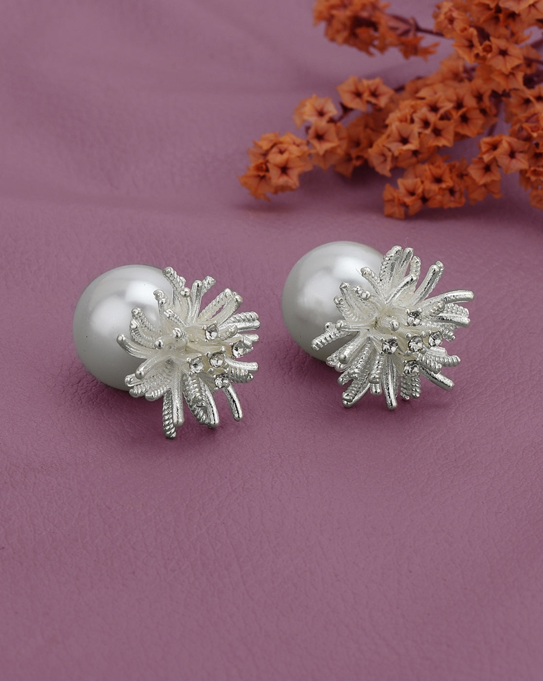 Silver Plated CZ White Pearl Reversible Bold Stud Earring
