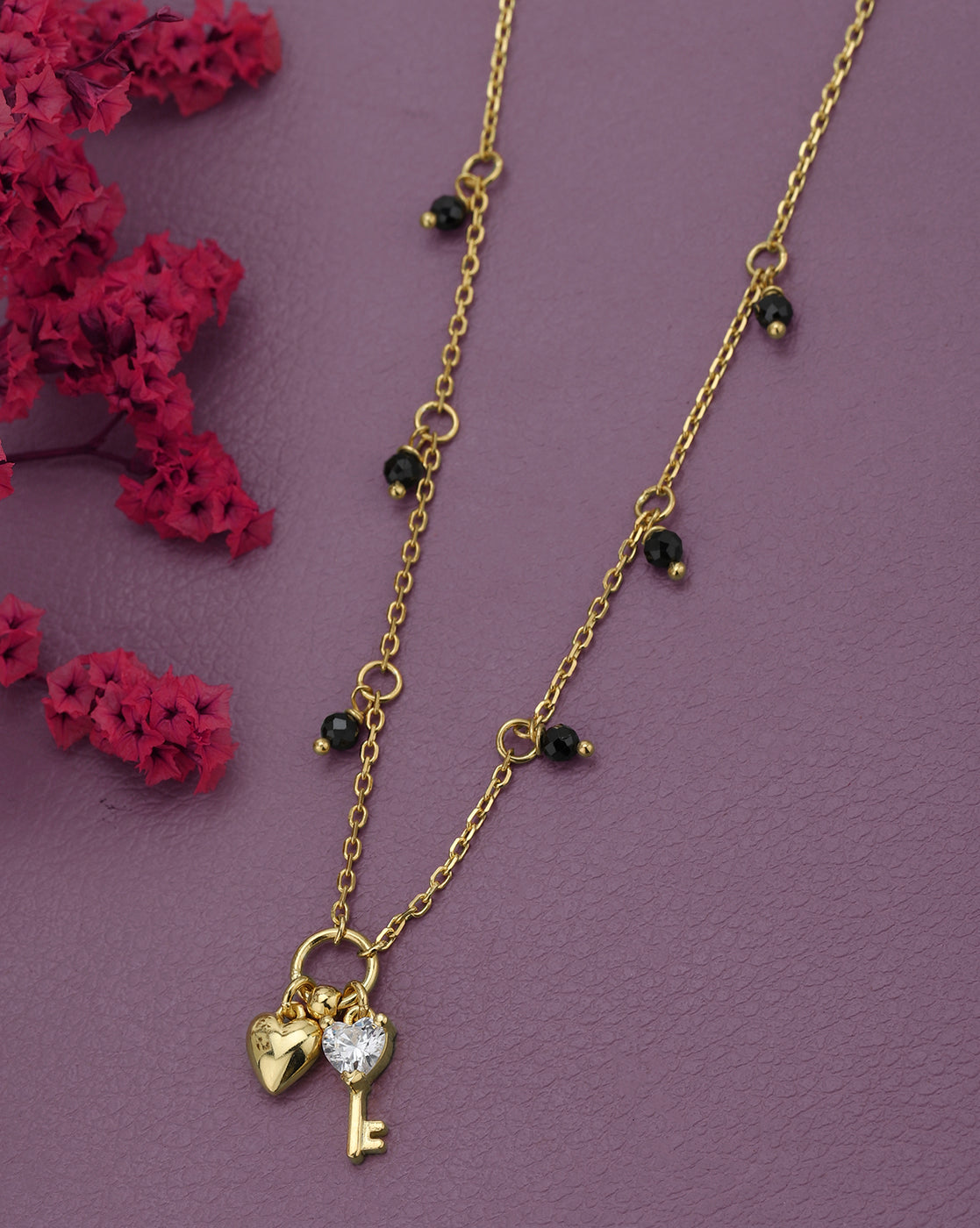 18kt Gold Plated CZ Dangling Heart and Key Pendant Mangalsutra