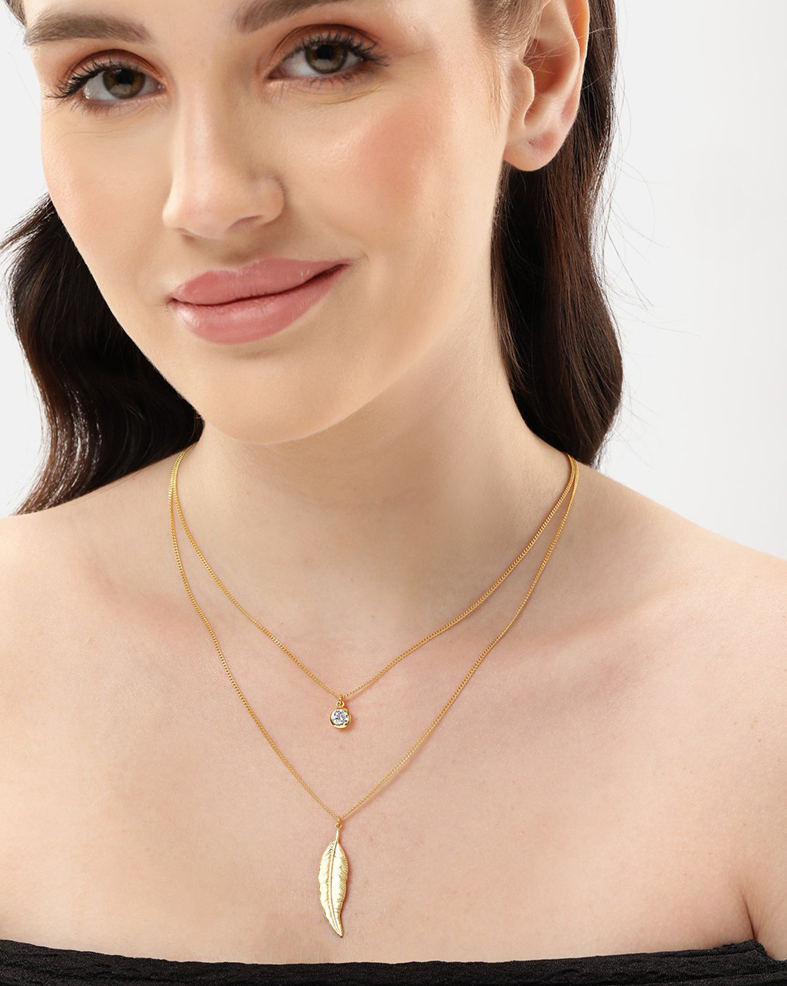 18kt Gold Plated CZ and Leaf Double Chain Necklace
