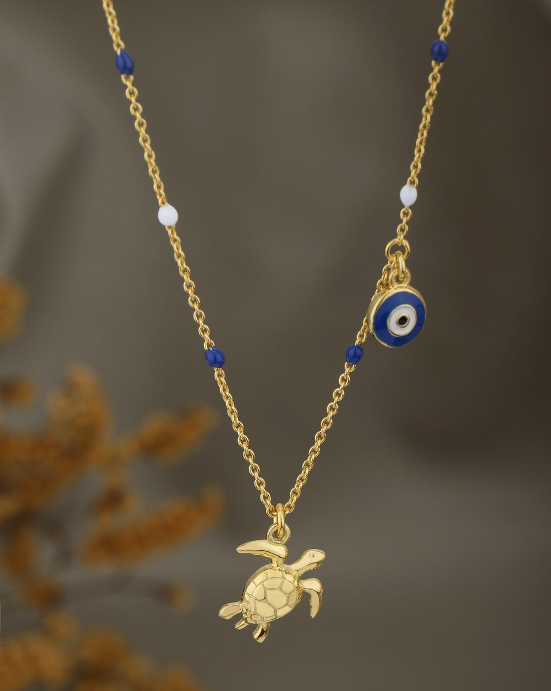 18kt Gold Plated Evil Eye and Enamel Turtle Pendant and Chain