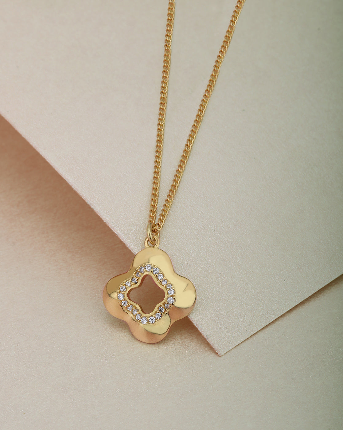 18kt Gold Plated CZ Four-Clover Pendant and Chain