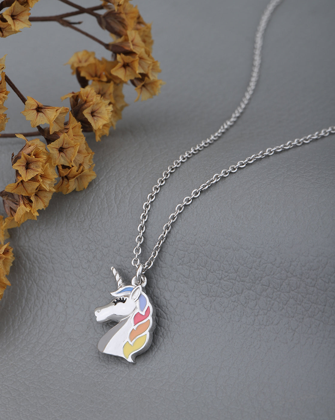 Rhodium Plated Rainbow Enamel Unicorn Head Pendant and Chain