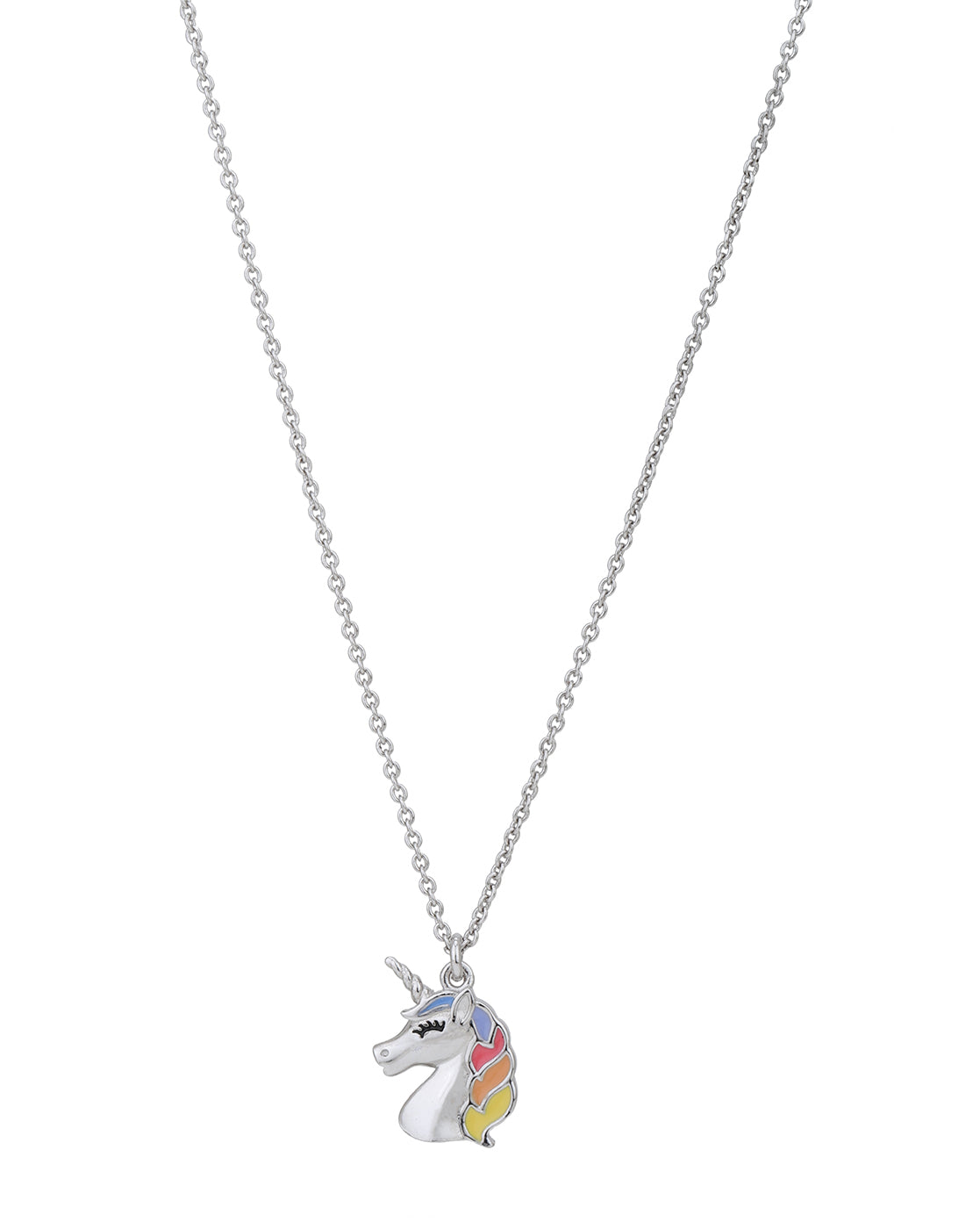 Rhodium Plated Rainbow Enamel Unicorn Head Pendant and Chain