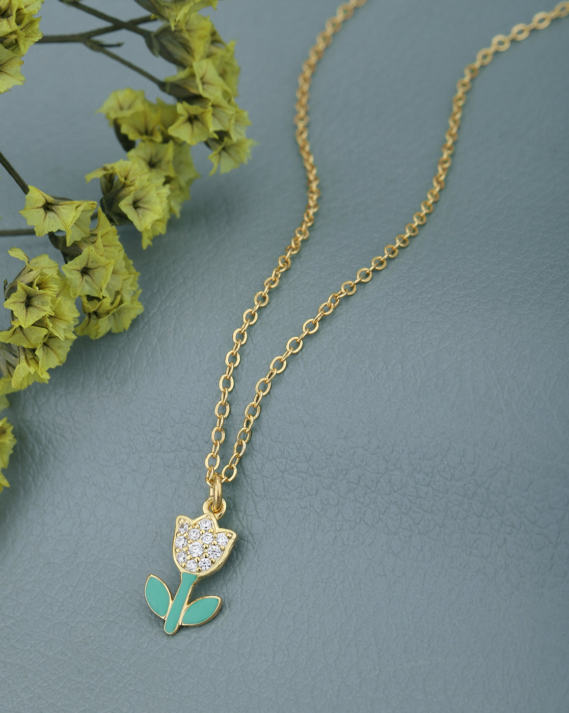 18kt Gold Plated CZ Enamel Tulip Pendant and Chain