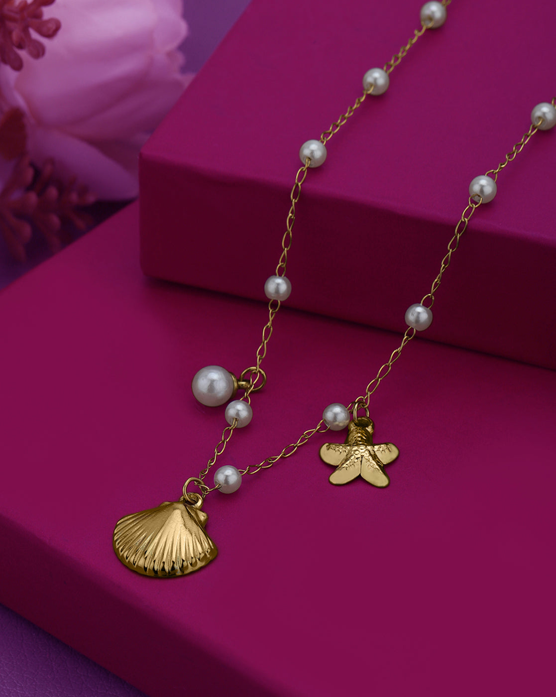 Gold Plated White Pearl Shell and Starfish Necklace