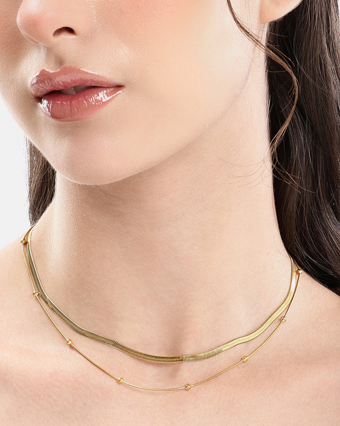 Gold Plated Snake & Delicate Sphere Layered Necklace