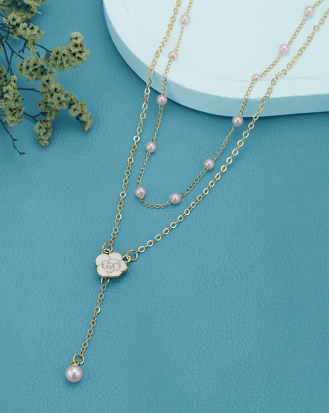 Gold Plated Pearl and Floral Lariat Layered Necklace