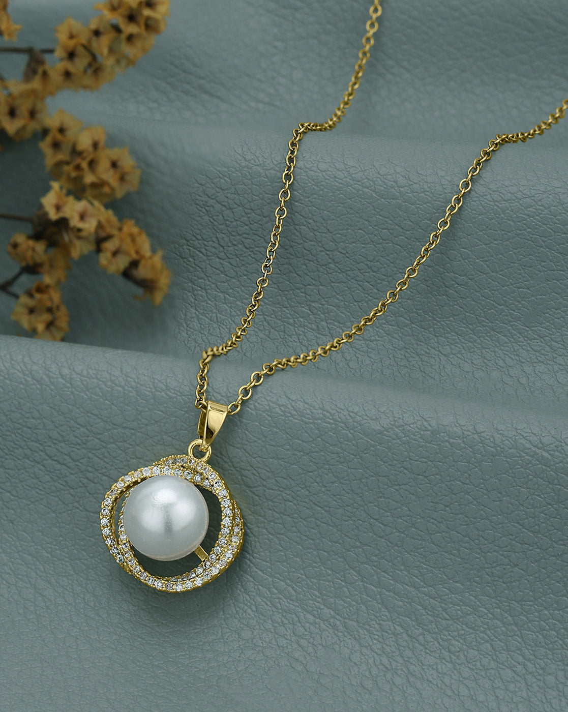 Gold Plated CZ White Pearl Contemporary Pendant and Chain