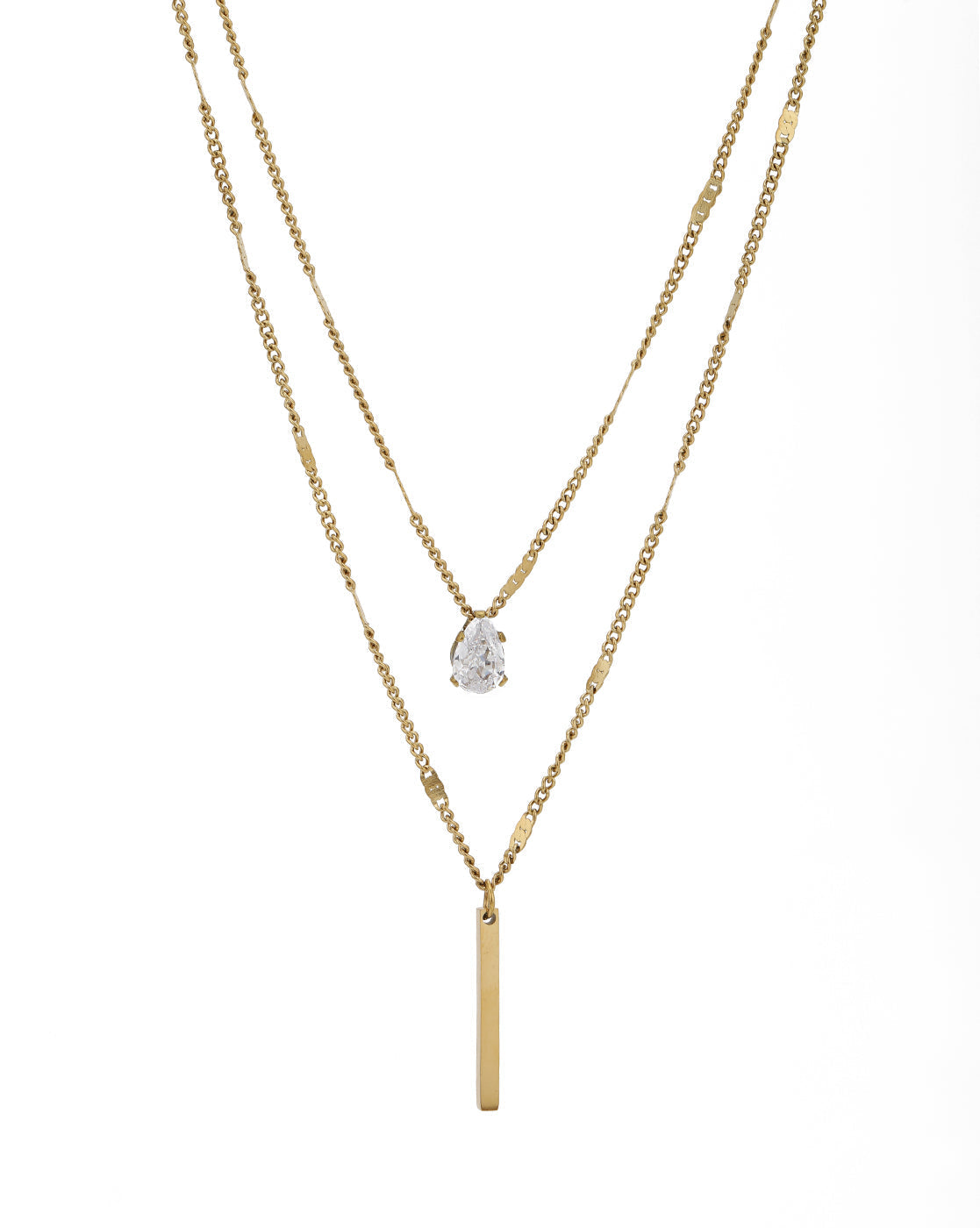 Gold Plated CZ and Bar Layered Necklace