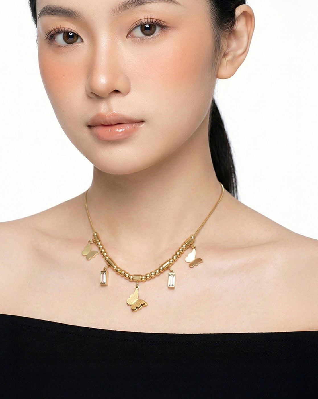 18kt Gold Plated CZ Multiple Butterfly Charm Necklace