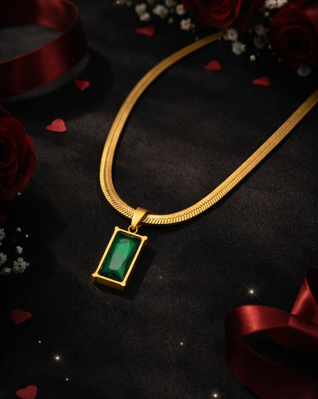 Gold Plated CZ Green Square Pendant and Snake Chain