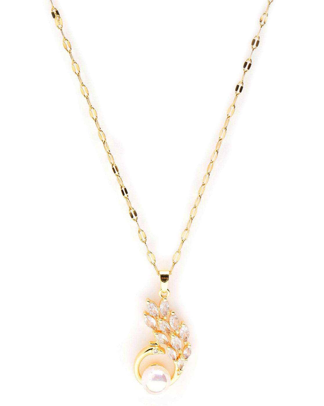 Gold-Plated CZ Pearl Leaf Charm Pendant and Chain