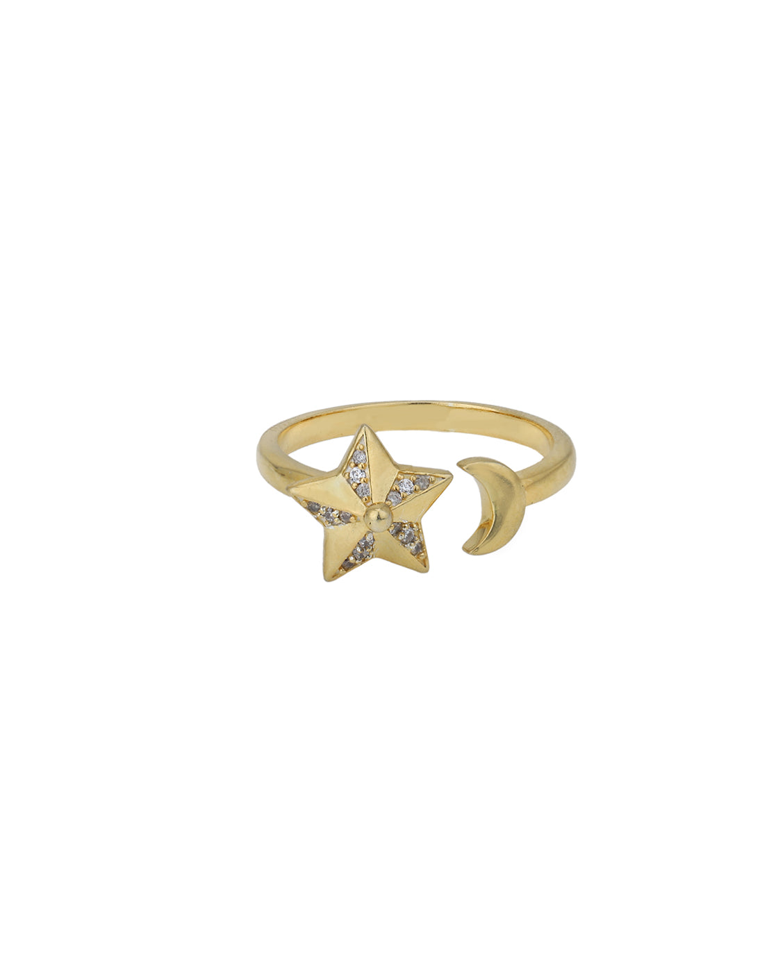 18kt Gold Plated with CZ Moon and Star Adjustable Finger Ring
