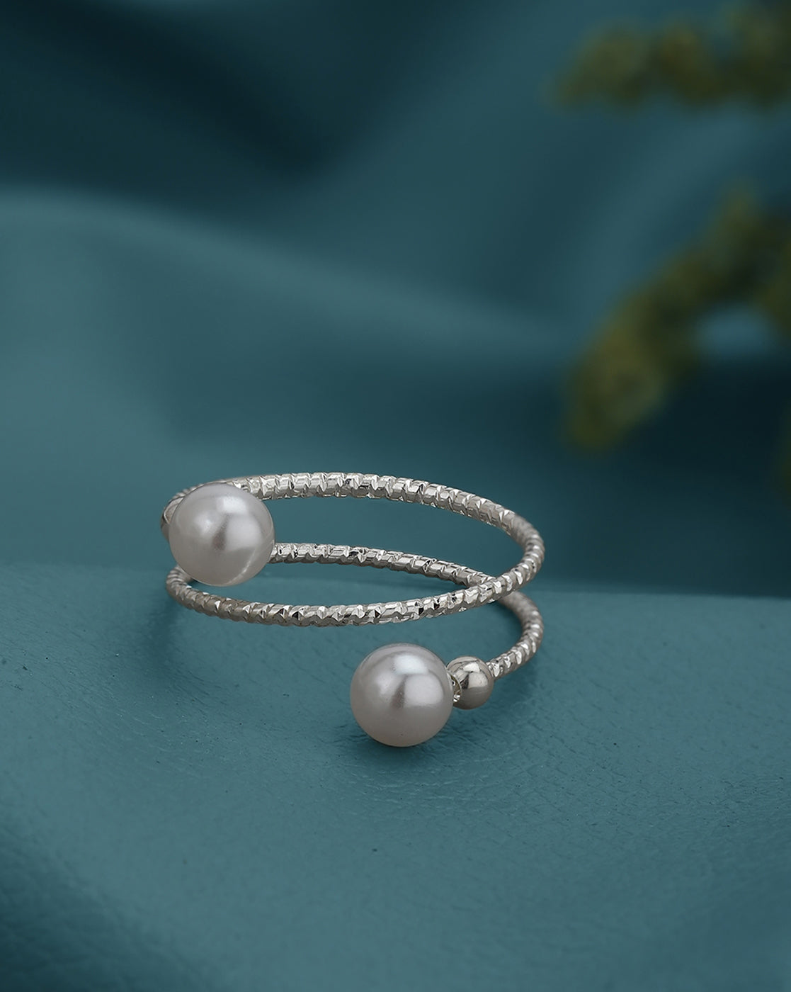 Silver Plated Double Band Pearl Adjustable Ring