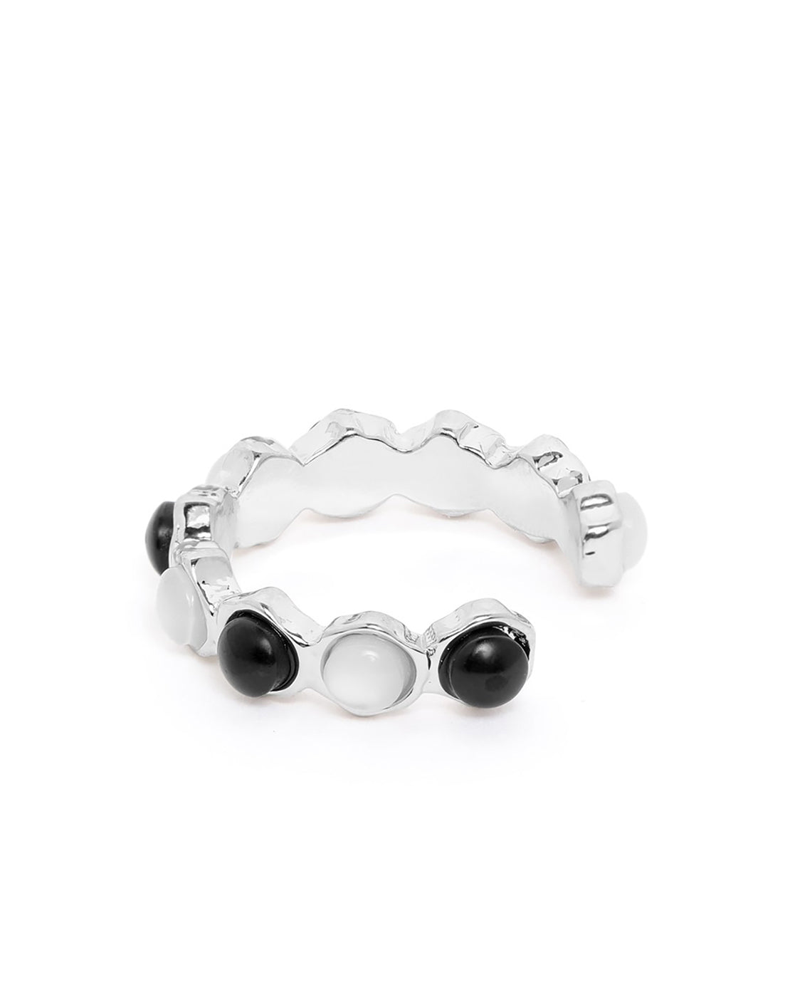 Silver Plated White and Black Fancy Bead Adjustable Band Ring
