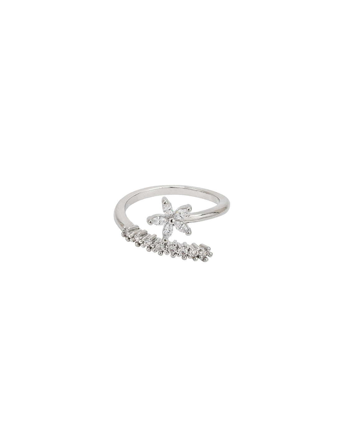 Silver Plated CZ Floral Adustable Ring