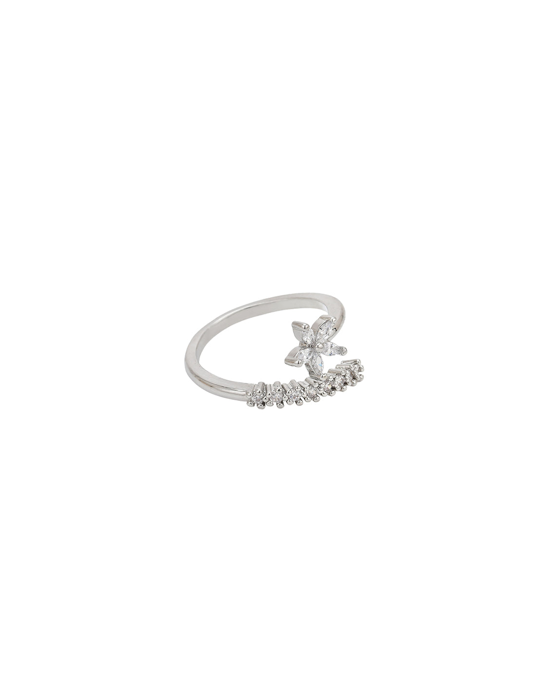 Silver Plated CZ Floral Adustable Ring
