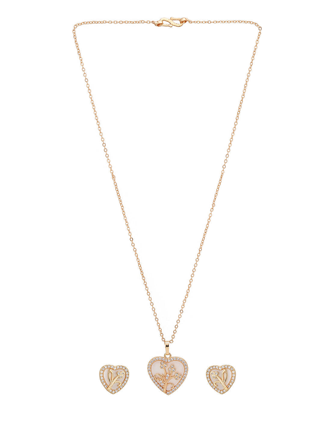 2 Toned Plated with CZ Heart Floral Pendant and Earring Set