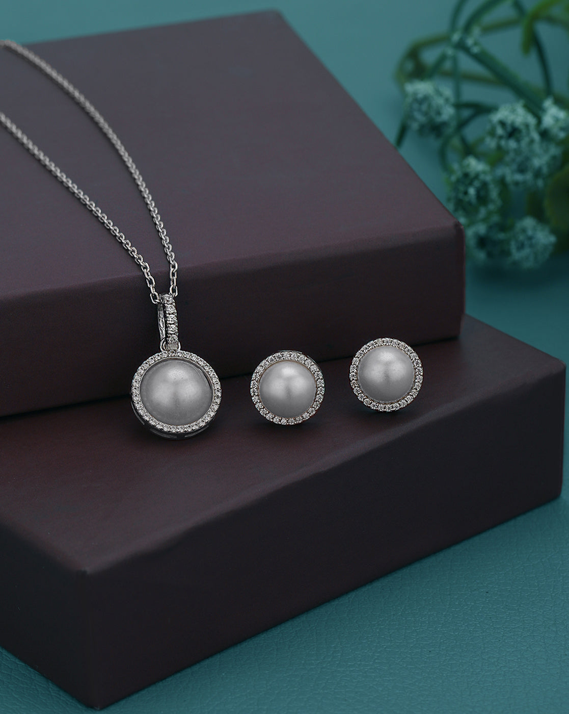 Rhodium Plated CZ with Pearl Stud & Necklace Set