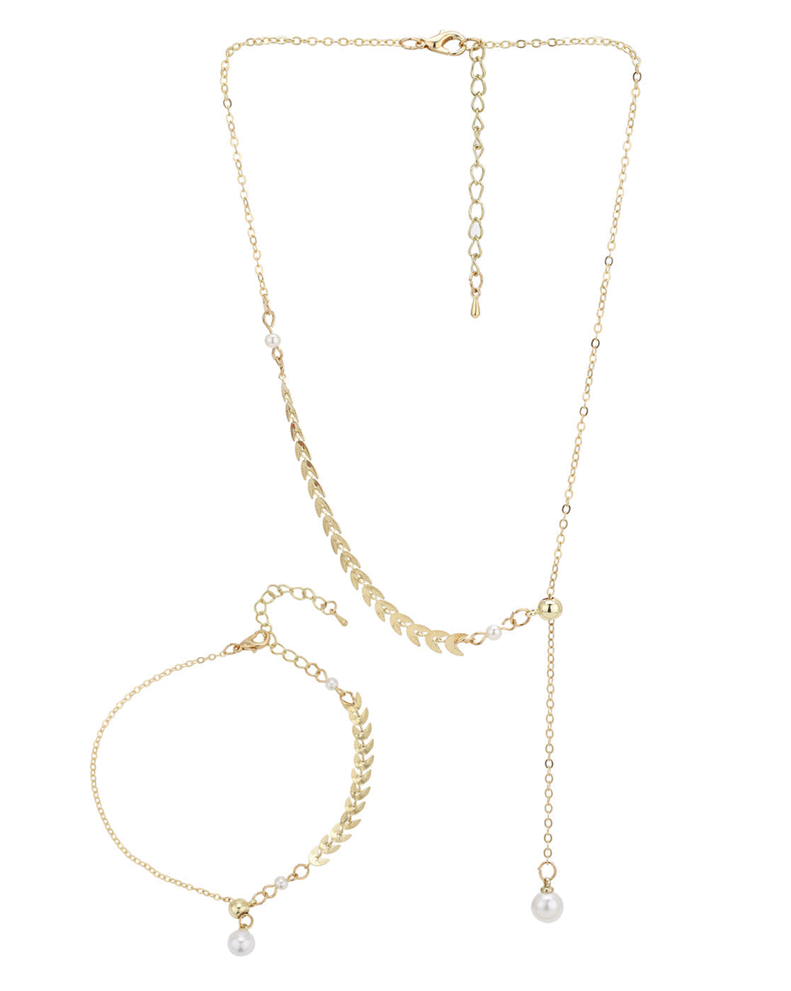 Gold Plated Dangling Pearl Lariat Necklace and Bracelet Set
