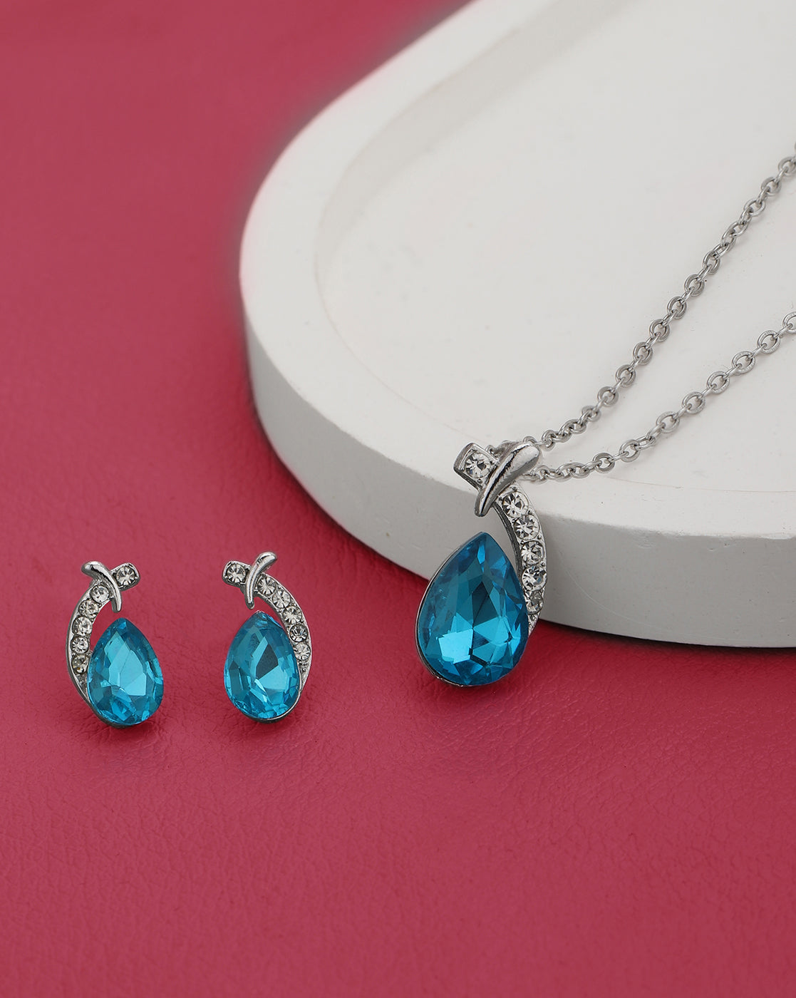 Silver Plated CZ Dangling Crystal Pendant with Chain and Earring Set