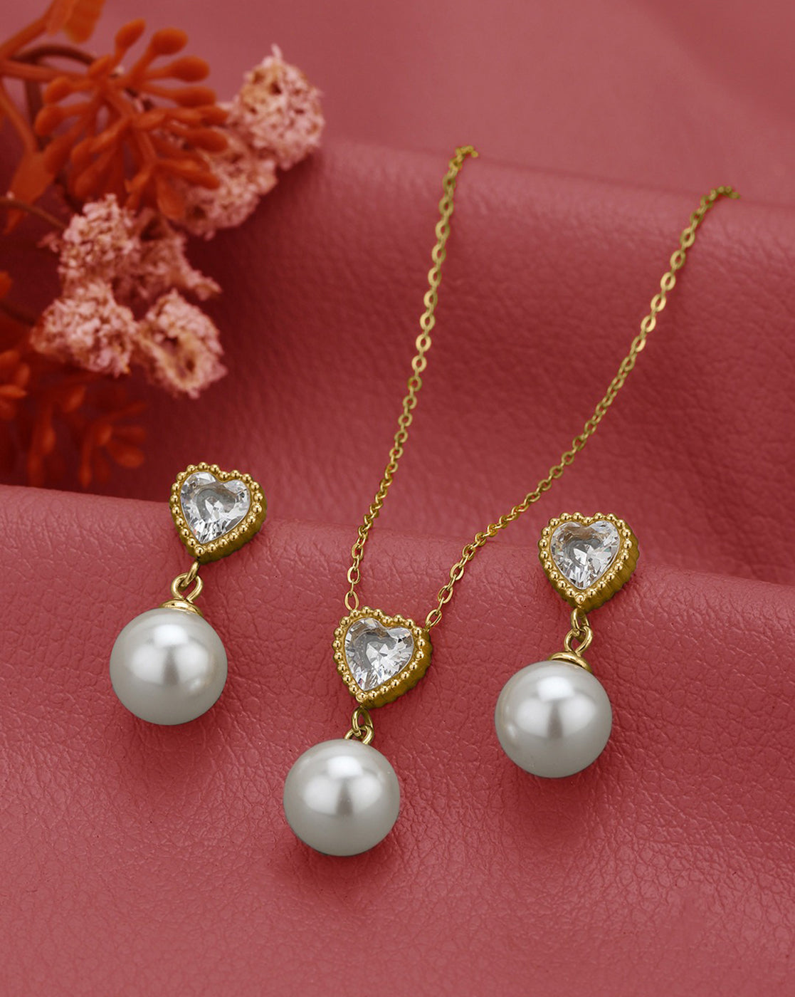 18kt Gold Plated Heart CZ Pearl Necklace and Drop Earring Set
