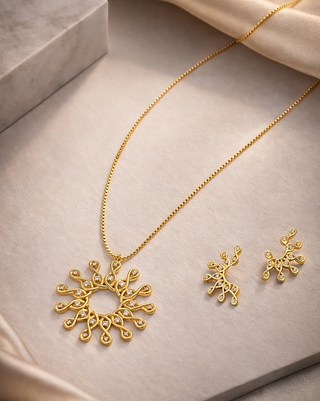 18kt Gold Plated CZ Sunburst Necklace and Earring Set