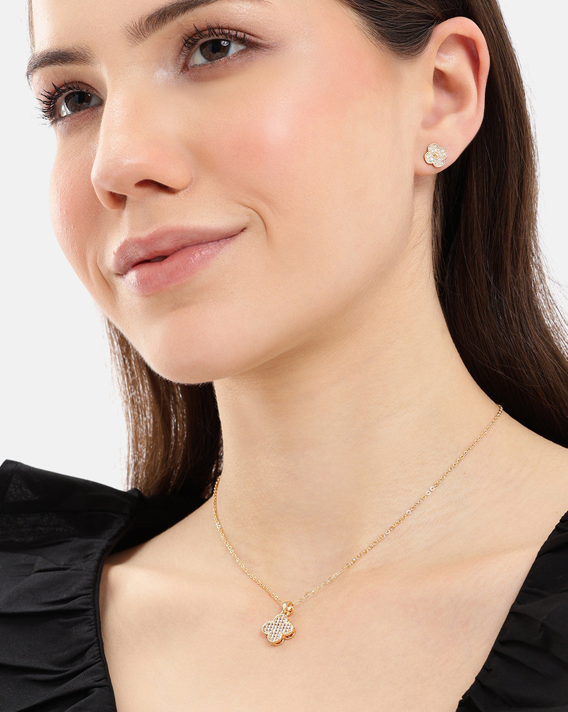 Gold Plated CZ Clover Necklace and Earring Set